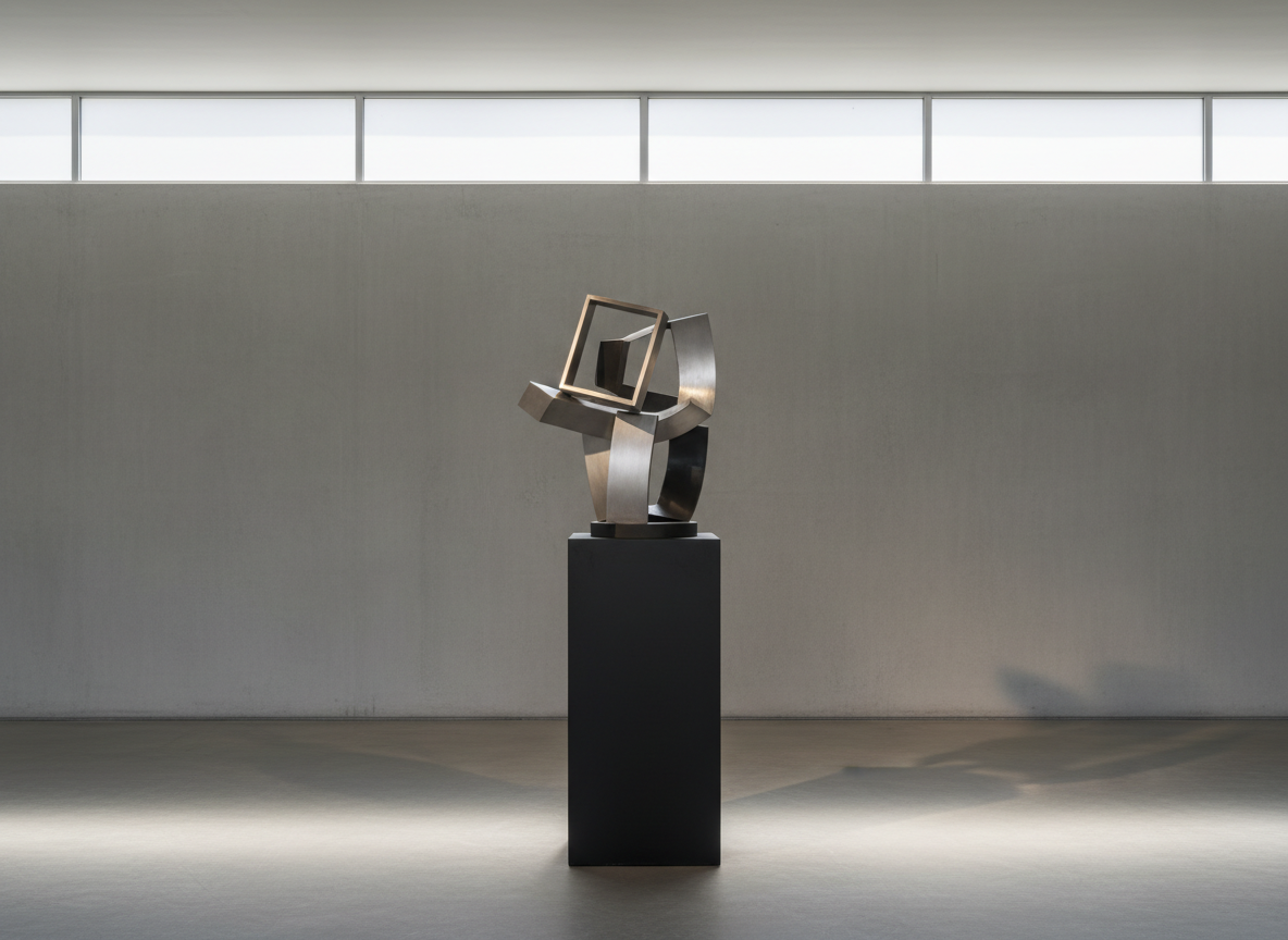 A sleek, matte-black plinth holding an abstract steel sculpture with interlocking geometric forms and brushed metallic textures, placed against a smooth cement wall in a minimalistic gallery space. Soft, diffused daylight filters in through a high frosted window, casting subtle, elongated shadows that highlight the sharp edges and gentle curves of the piece. The atmosphere is professional and contemplative, with clean compositional lines and a balanced, symmetrical frame shot at eye level. The overall mood is modern, corporate, and refined, emphasizing the artistry within a structured, gallery-style environment.