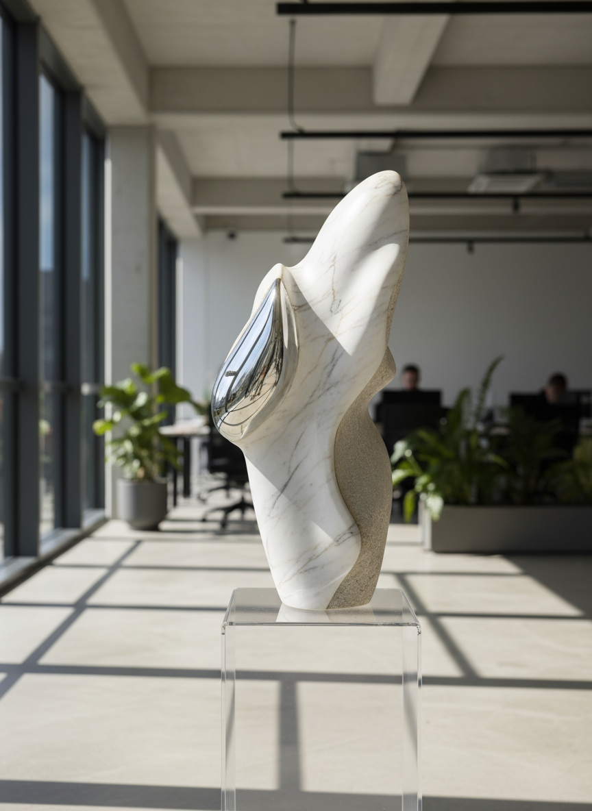 A solitary marble sculpture of fluid, organic form with polished and matte textural contrasts, displayed atop a transparent acrylic pedestal in a sunlit, open-concept workspace. The gentle afternoon sunlight filters in at an angle through floor-to-ceiling windows, illuminating the delicate veins and subtle color variations in the stone while casting diagonal, patterned shadows on the smooth, pale concrete floor. Captured from a low angle with the sculpture off-center, the composition lends depth and a sense of quiet monumentality. The mood is serene yet professional, underscored by the clean, photographic realism and an understated, corporate sophistication.