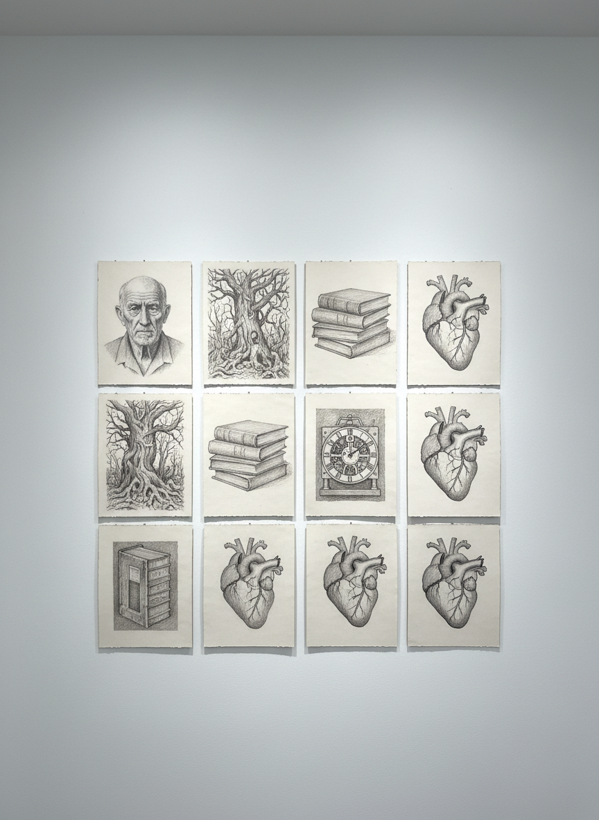 An array of neatly arranged, unframed graphite pencil drawings displayed on a seamless white wall with crisp lines and carefully measured spacing. Each drawing features intricate linework and fine shading, rendered on textured, off-white artist paper. Even, cool-toned studio lighting above creates soft highlights on the subtle paper grain and delivers a clean, shadow-free backdrop. The photograph uses a centered, slightly wide-angle composition to showcase the organized set as a whole, achieving a sense of clarity and order. The visual style is precise, polished, and photographic, in keeping with a professional, portfolio-focused presentation.