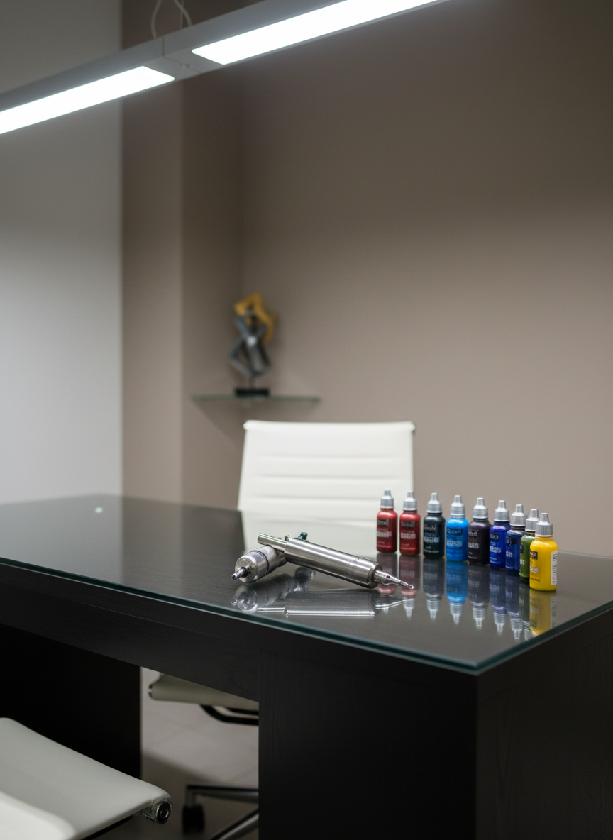 A glass-topped contemporary desk holding a streamlined, metallic tattoo machine resting beside a set of color-coded ink bottles, all organized with clinical precision. The desk stands against a neutral, taupe-painted wall in a pristine studio with minimal distracting elements. Targeted overhead LED panels bathe the area in crisp, naturalistic light, producing crisp reflections on the metal surfaces and vibrant but muted color in the inks. The shot is captured from a slightly elevated, off-center angle with shallow depth of field, keeping the focus sharp on the tattoo equipment while the background softens into gentle blur, creating a focused, methodical atmosphere.